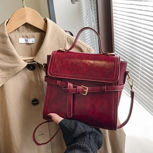 Retro burgundy square handbag with wax texture leather and adjustable shoulder strap