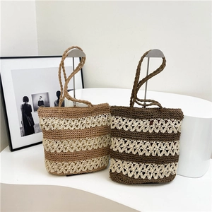 Sac Fourre-tout En Paille Tissé À La Main Crochet Évidé Sac À Épaule Avec Fermeture Éclair Pour Vacances D'été Femme