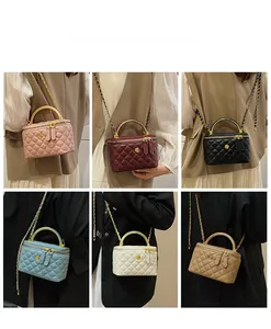 Collage of quilted chain camera bags in six colors shown with various fashion outfits