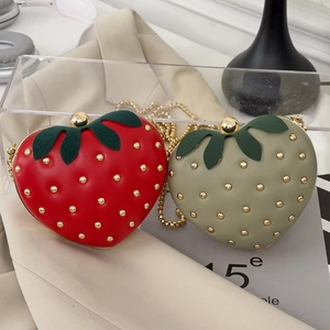 Strawberry Shaped Crossbody Bag PU Leather Golden Rivets Metal Chain Strap Mini Handbag For Women Sweet Cute Style