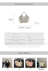 Detailed size chart and multi-color bucket bag display with dimensions and specifications