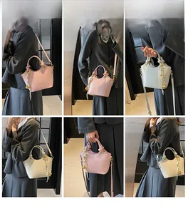 Collage of model showcasing versatile styling with bucket bags and silk scarf details