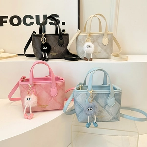 Women PU Leather Bucket Bag Diamond Pattern Crossbody Handheld Fashion Casual Tote With Plush Monster Charm