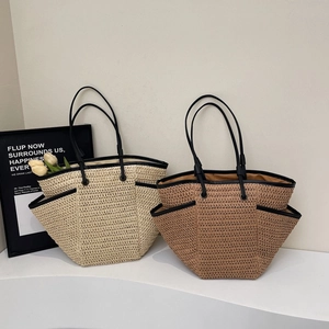 Grand Sac Fourre-Tout En Paille Tissée Sac À Main De Vacances À La Plage Avec Poches Latérales Garniture Contrastée Femmes