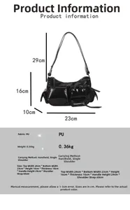 Detailed dimension guide for black oil-wax PU leather shoulder bag with size specs