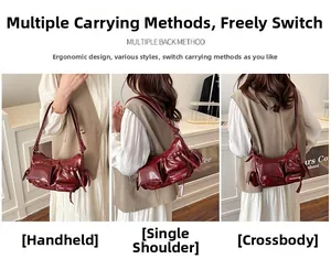 Deep red vintage motorcycle bag shown in three ways: handheld, shoulder, and crossbody use