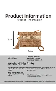 Detailed dimension guide for straw woven crossbody bag showing 26x9x2cm size and wood beads