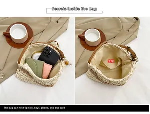 Detail view of woven straw clutch interior with brown leather trim and metal zipper