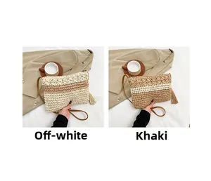 Detail of straw woven crossbody bags in beige and khaki with leather straps and tassels