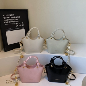 Fashion Women PU Leather Bucket Handbag Knot Handle Decorative Charm Crossbody Shoulder Bag