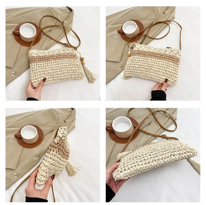 Detailed views of handwoven straw shoulder bag with contrast stripes and decorative tassel