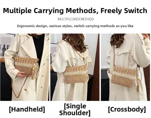 Three-way straw woven bag shown as a handbag, shoulder bag, and crossbody with tassels