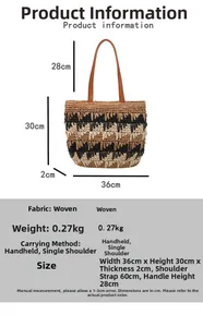 Detailed view of woven straw tote showing dimensions and contrast wave pattern