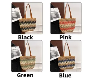 Collage of four straw tote bags in black, pink, green, and blue with wave patterns