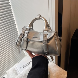Silver metallic Boston handbag with vintage textured finish and adjustable shoulder strap