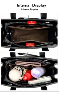Internal display of black lychee grain handbag showing pockets and storage capacity