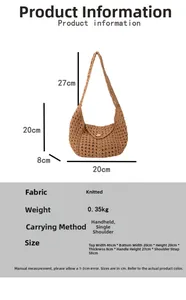 Detailed dimension guide for the brown knitted crescent bag with strap measurements