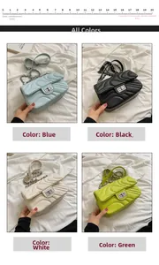 Close-up of quilted crossbody bags in blue, black, white, and green with silver twist locks