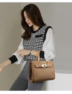 Detail of a brown woven handbag featuring a silver metal lock and textured leather trim