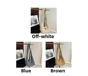 Detailed views of woven shoulder bags in off-white, blue, and brown with metal buckles