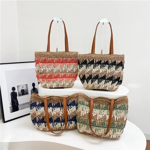 Woven Straw Tote Bag Striped Contrast Color Large Capacity Summer Beach Vacation Shoulder Bag With PU Leather Handles