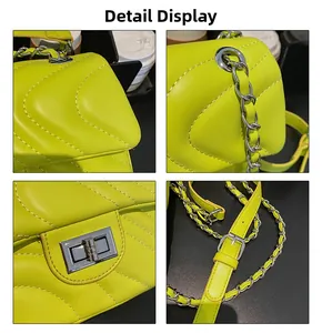 Detail view of lime green quilted chain bag featuring silver twist lock and V-stitch pattern