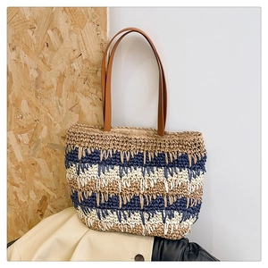 Three-tone striped straw tote bag with brown leather handles for summer beach or casual style