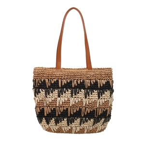 Three-tone straw tote bag with color-block stripes and textured tassel details