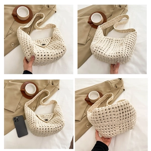 Detailed views of beige crochet handbag with geometric patterns and round buckle closure