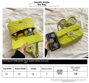 Detailed size chart and internal capacity of green quilted chain shoulder bag