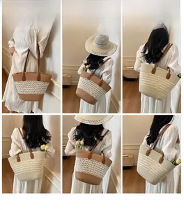 Detailed views of striped straw tote bag featuring leather handles and woven texture