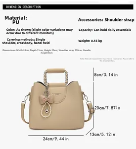 Detailed size chart for beige PU leather handbag showing dimensions and material specifications