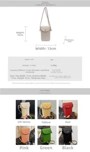 Detailed size chart and multi-color swatches of the mini lychee pattern PU crossbody bag