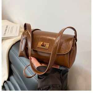 Détail du sac à main vintage marron brillant avec son fermoir tournant doré élégant