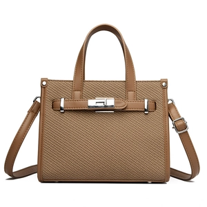Women PU Leather Woven Texture Handbag With Silver Metal Turn Lock Adjustable Shoulder Strap Versatile Korean Style Crossbody Bag