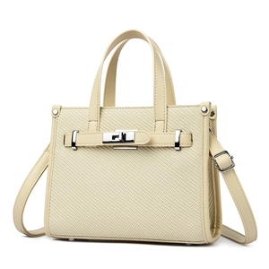 Chic beige lychee pattern handbag with silver swivel lock and detachable shoulder strap