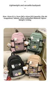 Detail view of pink nylon backpack showing 32x42cm size, lightweight material and A4 capacity