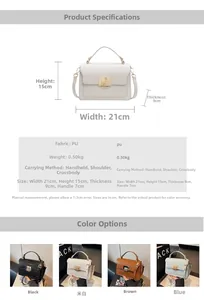 Detailed size chart and multi-color options for the 21x15x9cm PU crossbody square bag