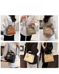 Collage of six chic lychee grain handbags with pearl bow charms and metal chain handles