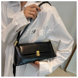 Classic black leather shoulder bag featuring a rectangular shape and gold buckle closure