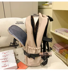 Detail view of large capacity beige backpack showing main, secondary, and side pockets