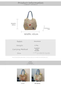 Detailed size chart and specifications for the straw woven tote bag with ribbon bows