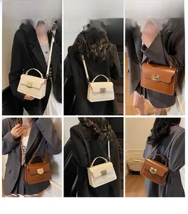 Detailed views of minimalist leather crossbody square bag in beige and brown colors