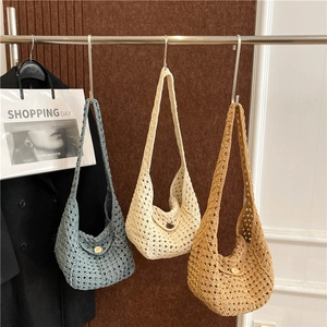 Women Crochet Shoulder Bag Handwoven Hollow Out Knit Hobo Bag With Wood Button Large Capacity Retro Casual Vacation Tote