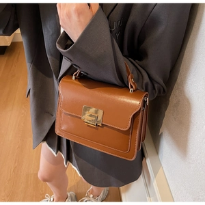 Detail of a brown structured handbag featuring a gold metal buckle and top handle