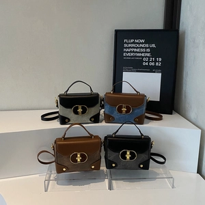 Retro Square Box Handbag Women PU Leather Denim Patchwork Crossbody Bag With Gold Metal Lock Top Handle Adjustable Strap