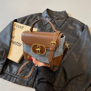 Retro contrast color small box bag in brown leather and denim blue with gold buckle
