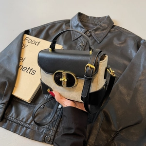 Vintage black and white contrast leather crossbody box bag with gold metal lock