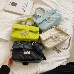 Women Quilted Shoulder Bag PU Leather Wave Pattern Chain Strap Metal Turn Lock Fashion Elegant Crossbody Square Purse