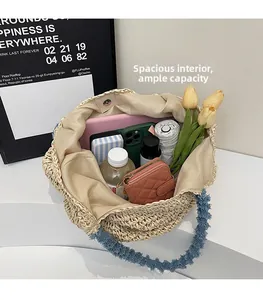 Top view of large capacity woven tote bag showing tablet, water bottle and essentials